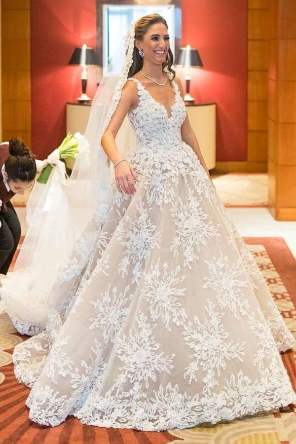 Glamorous Long A-line V-neck Lace Wedding Dress (ZD15028)