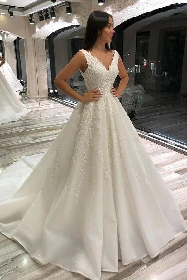 Glamorous Long A-line V-neck Sleeveless Lace Wedding Dress (ZD15117) - VelvetHem