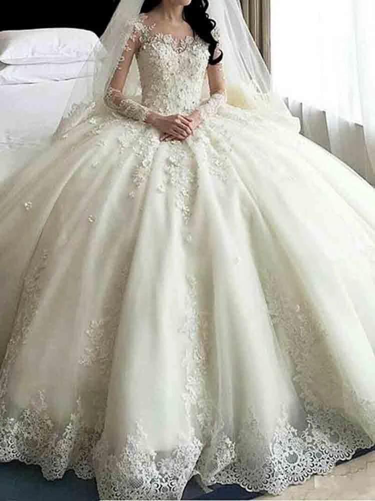 Glamorous Long Ball Gown Lace Beaded Wedding Dresses with Sleeves (ZD15911)