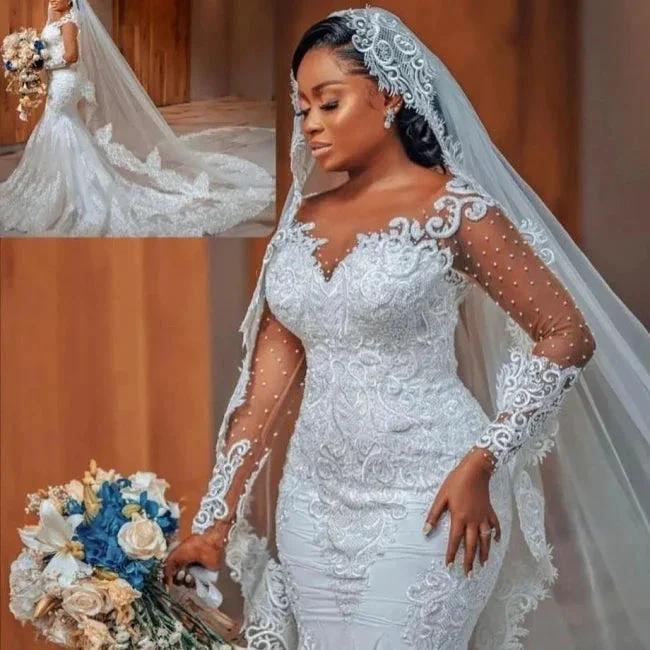 Glamorous Long Mermaid Appliques Long Sleeves Wedding Dresses With Lace (ZD16537) - View 7 | VelvetHem