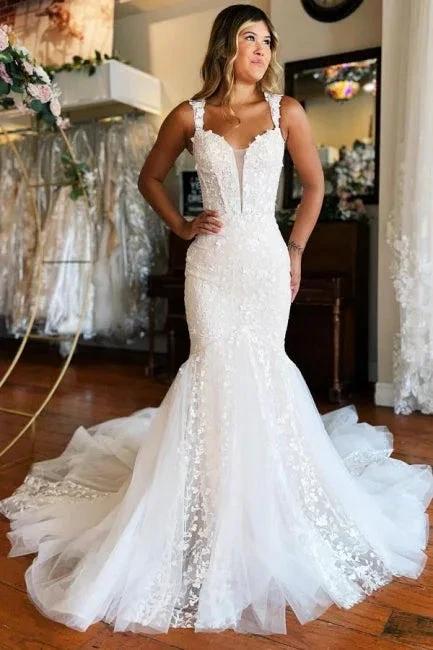Glamorous Long Mermaid Off-the-shoulder Lace Sleeveless Wedding Dress with Train (ZD15599)