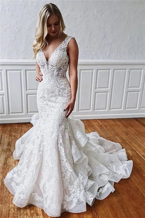Glamorous Long Mermaid Straps Ruffled Lace Wedding Dresses (ZD14337) - VelvetHem