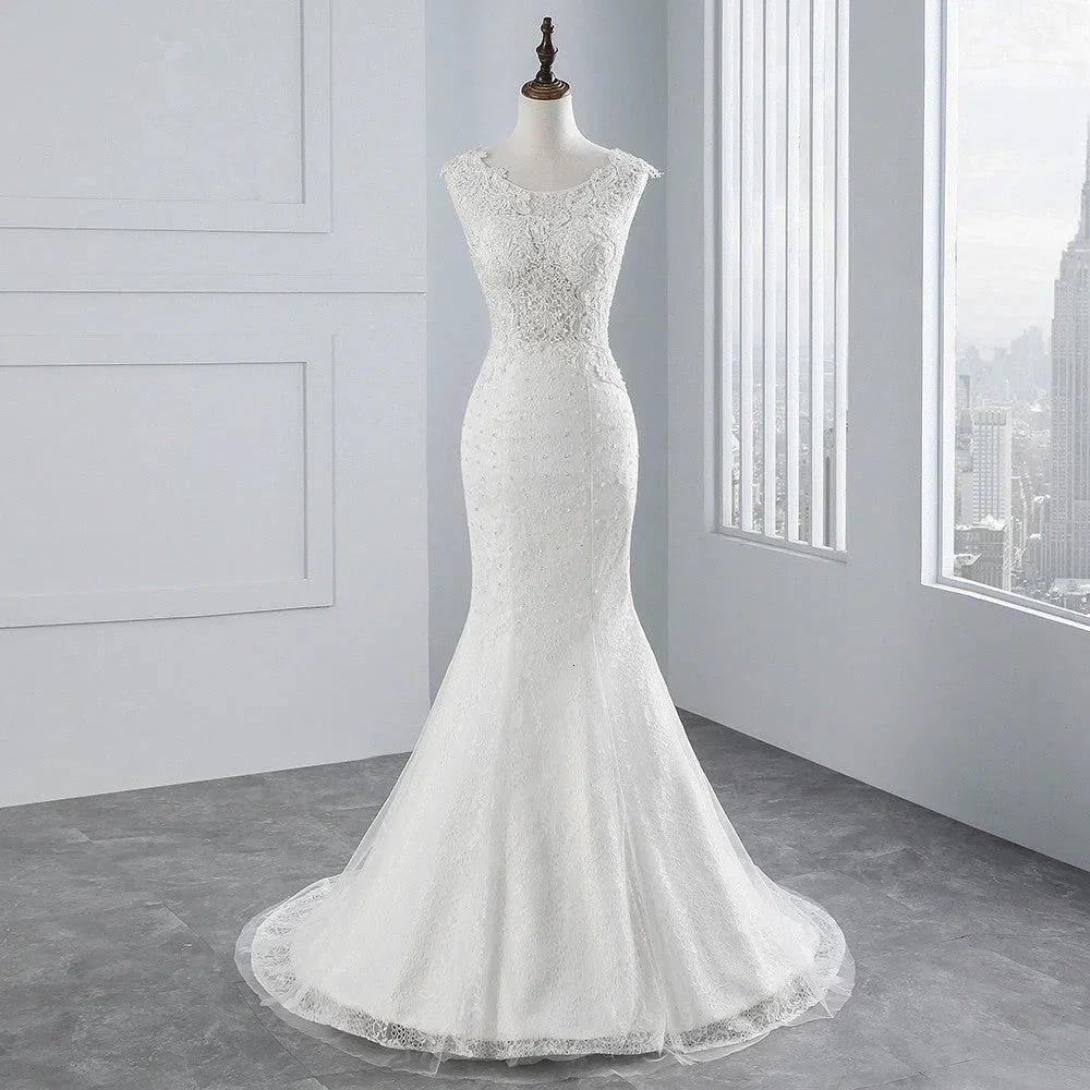 Glamorous Long Mermaid Tulle Appliques Lace Wedding Dress (ZD15155)