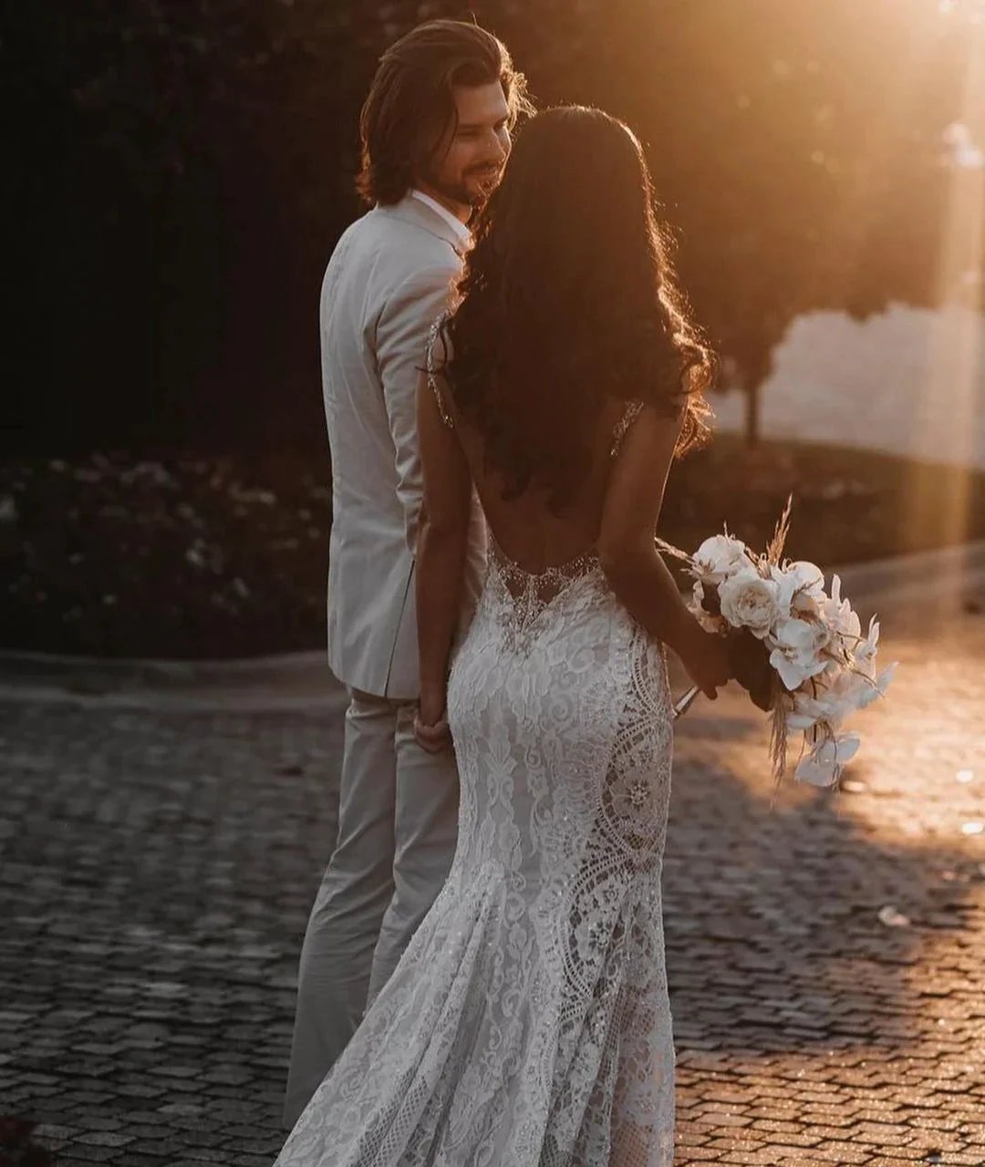 Glamorous Long Mermaid V-neck Wide Straps Appliques Lace Open Back Wedding Dress (ZD16686)