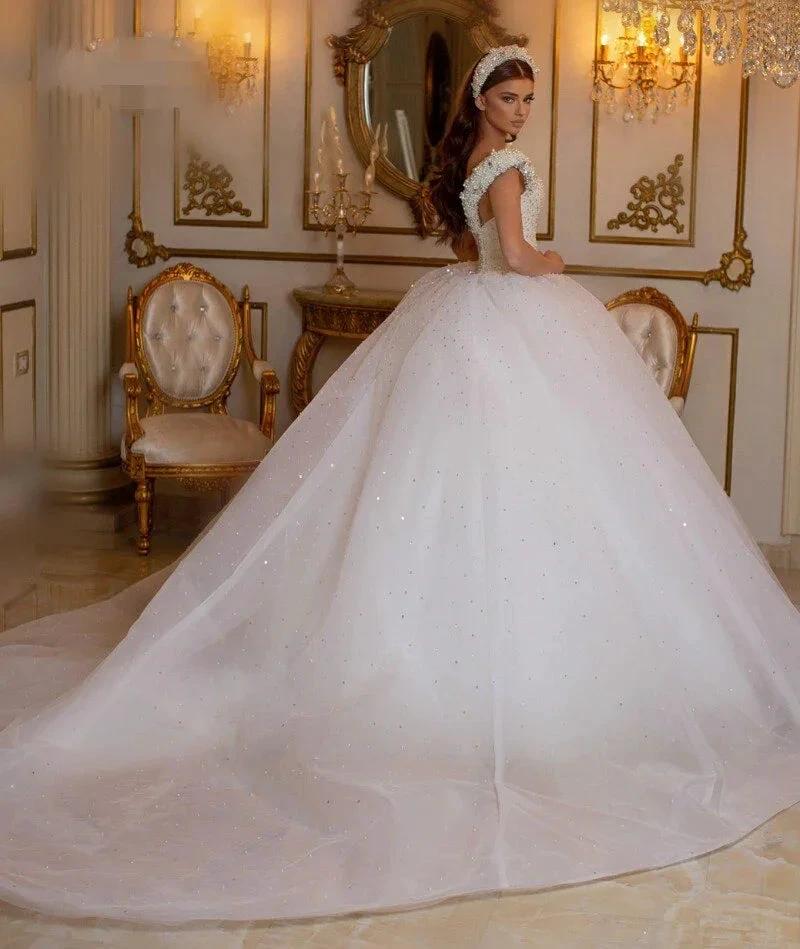 Glamorous Long Princess Off the Shoulder Beading Pearl Tulle Wedding Dress (ZD14309)