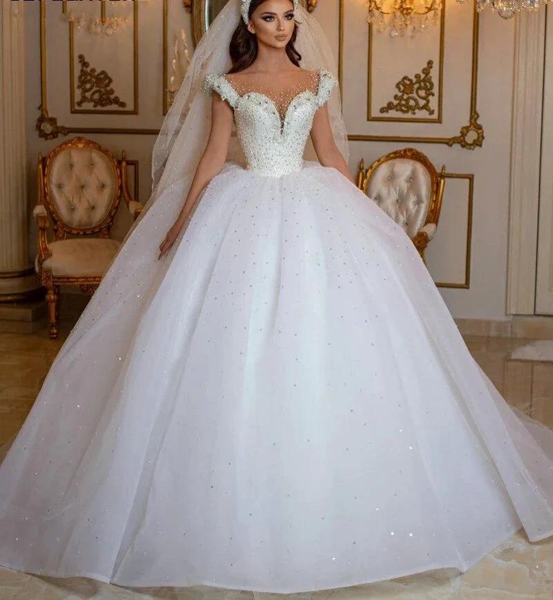 Glamorous Long Princess Off the Shoulder Beading Pearl Tulle Wedding Dress (ZD14309)