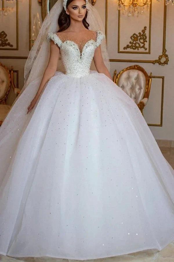 Glamorous Long Princess Off the Shoulder Beading Pearl Tulle Wedding Dress (ZD14309)