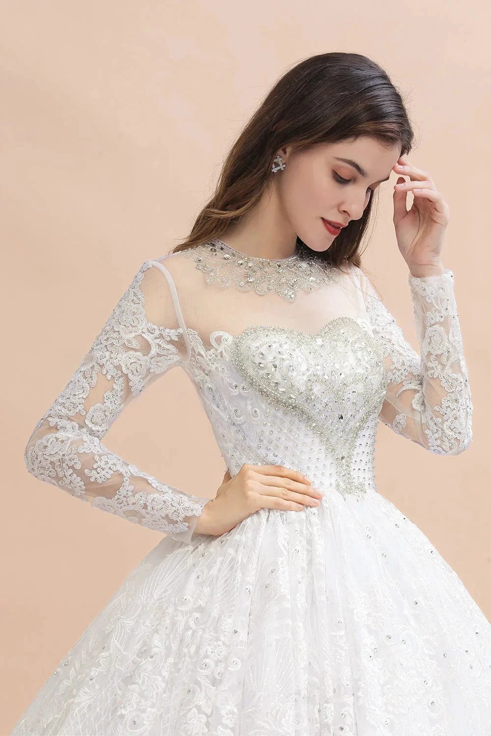 Glamorous Long Sleeve Beads White/Ivory Lace Appliques Wedding Dress (ZD14770)