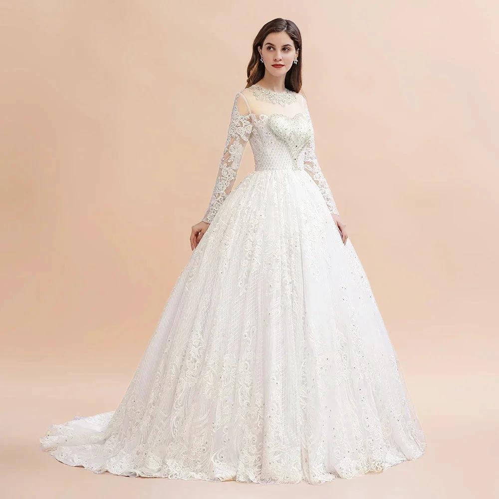 Glamorous Long Sleeve Beads White/Ivory Lace Appliques Wedding Dress (ZD14770)