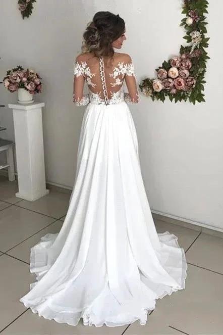 Glamorous Long Sleeve Lace Wedding Dresses | Chiffon Bridal Gowns With Slit (ZD16470)