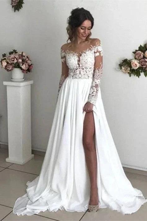 Glamorous Long Sleeve Lace Wedding Dresses | Chiffon Bridal Gowns With Slit (ZD16470)