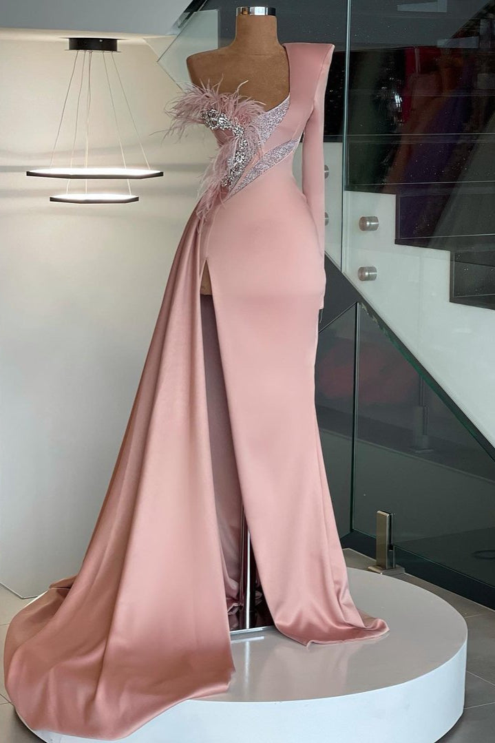 Glamorous Long Sleeve One-Shoulder Mermaid Prom Dress Long With Slit