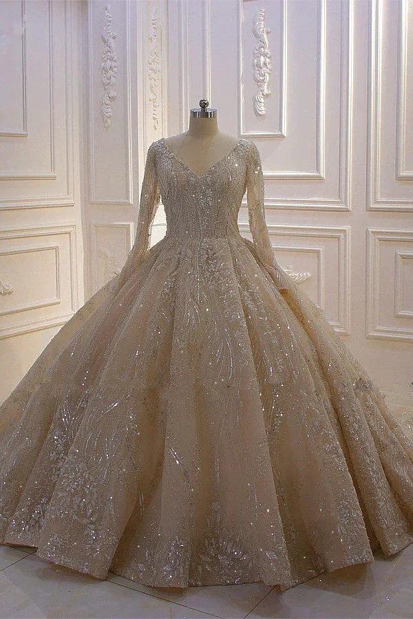 Glamorous Long Sleeve V-neck Sequin Beading Ball Gown Wedding Dress (ZD15191)