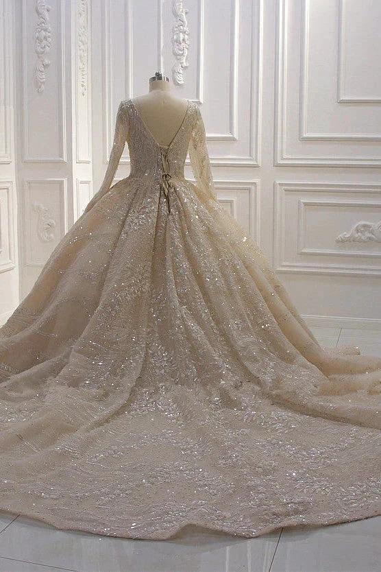 Glamorous Long Sleeve V-neck Sequin Beading Ball Gown Wedding Dress (ZD15191)