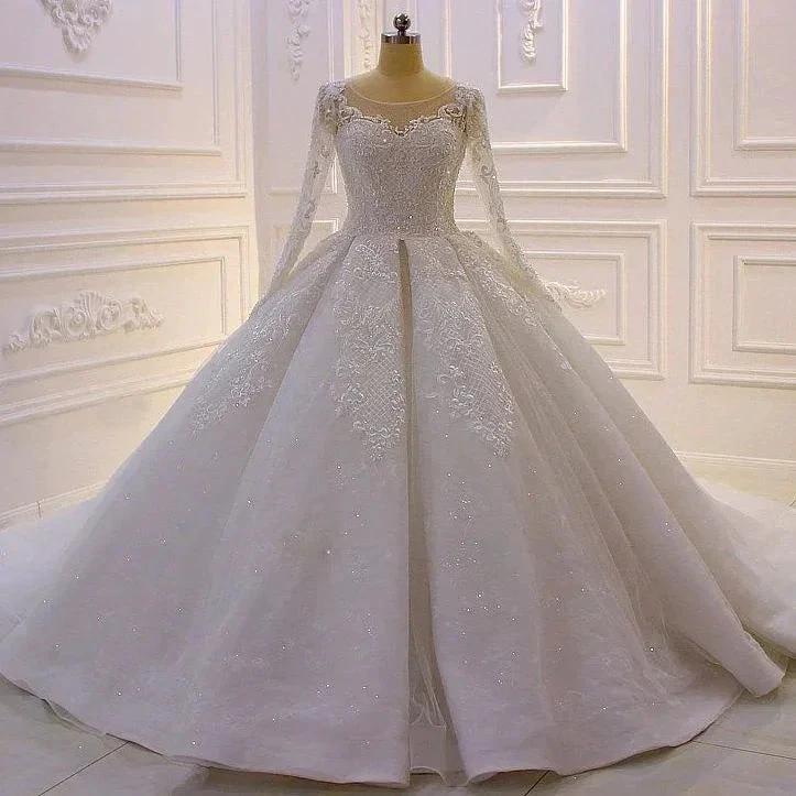 Glamorous Long Sleeves A-line Princess Satin Wedding Dress With Lace (ZD14536)
