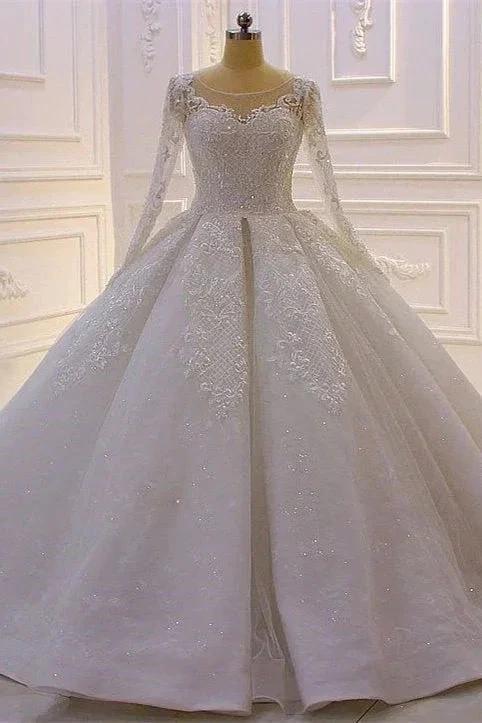 Glamorous Long Sleeves A-line Princess Satin Wedding Dress With Lace (ZD14536) - VelvetHem