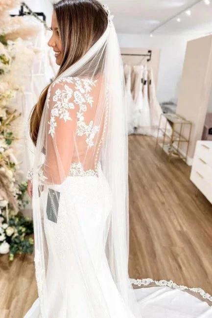 Glamorous Long Sleeves Hollow Back Floral Lace Mermaid Wedding Dress (ZD14501)