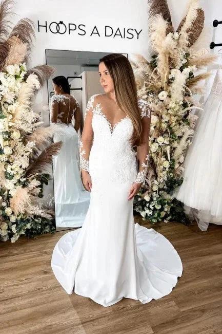 Glamorous Long Sleeves Hollow Back Floral Lace Mermaid Wedding Dress (ZD14501)