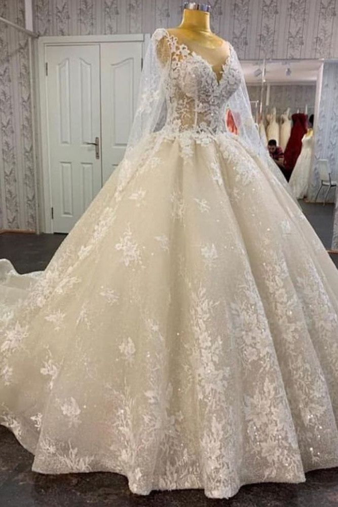 Glamorous Long Sleevess Lace A-Line Bridal Gown Pirncess Wedding Dress