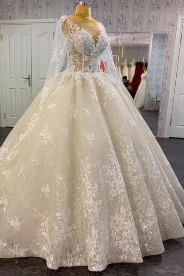 Glamorous Long Sleevess Lace A-Line Bridal Gown Pirncess Wedding Dress
