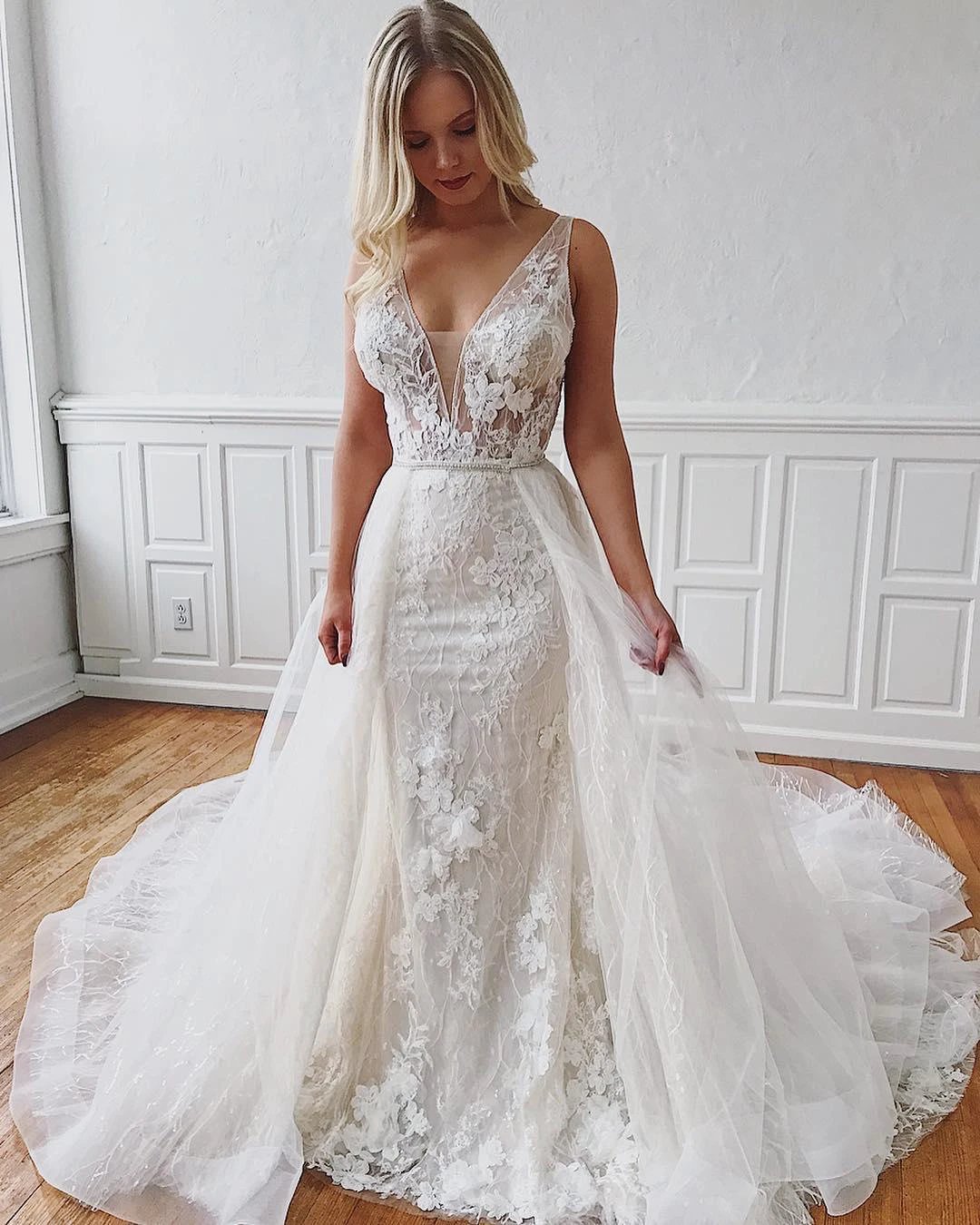 Glamorous Long Straps V-Neck Lace Mermaid Detachable Wedding Dresses (ZD14336)