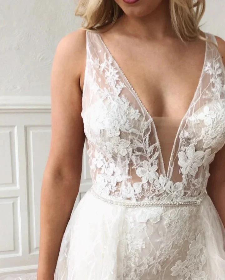 Glamorous Long Straps V-Neck Lace Mermaid Detachable Wedding Dresses (ZD14336)