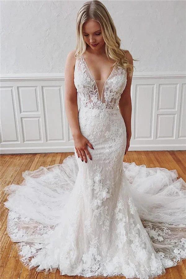 Glamorous Long Straps V-Neck Lace Mermaid Detachable Wedding Dresses (ZD14336)
