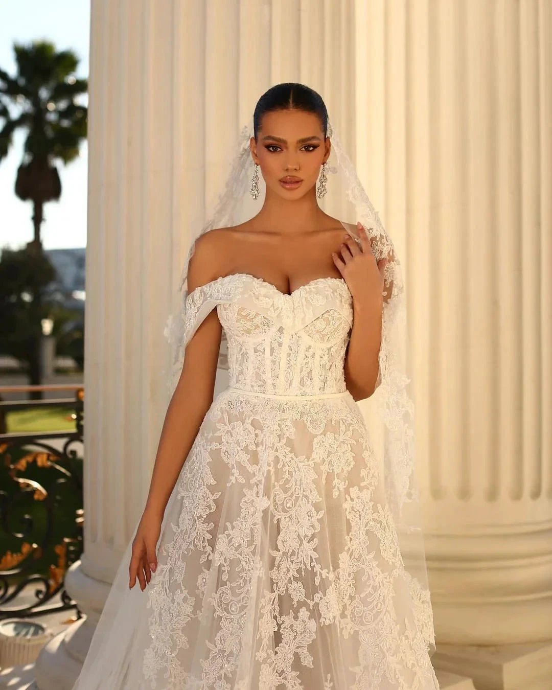 Glamorous Long White A-line Off-the-shoulder Lace Wedding Dress (ZD14814)