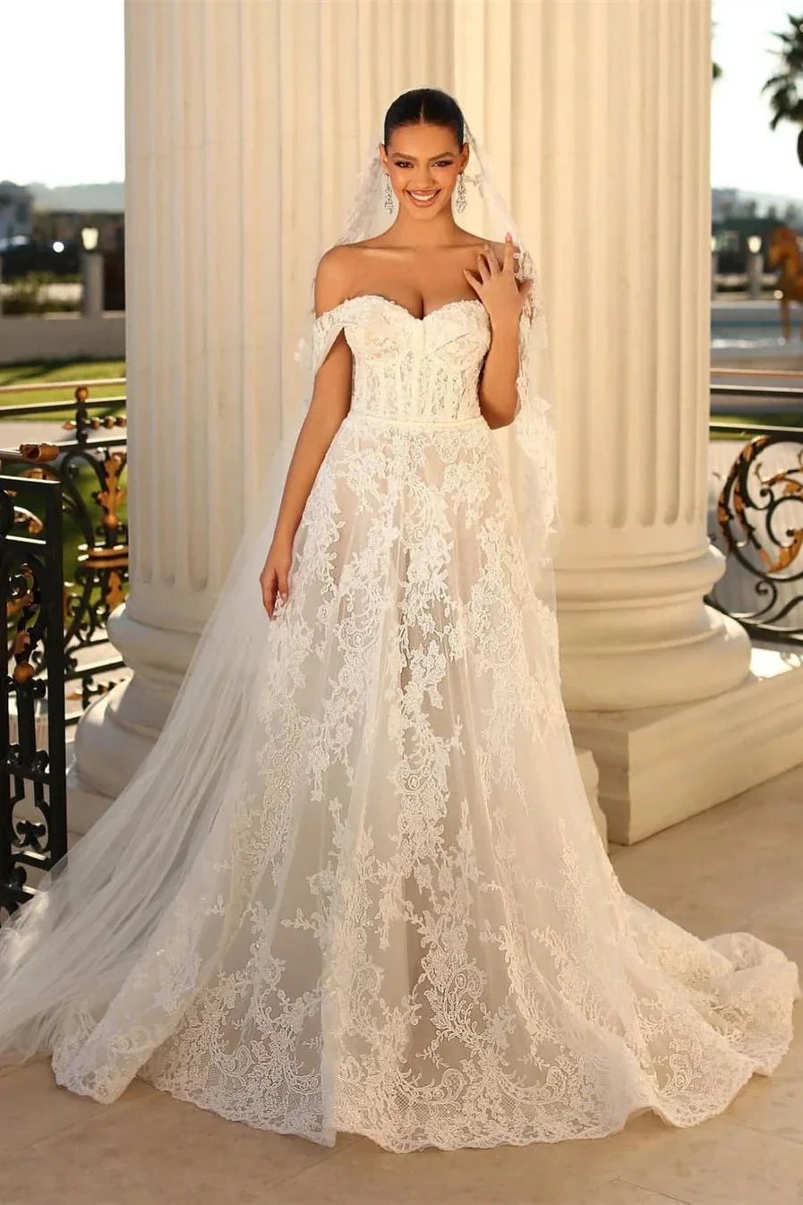 Glamorous Long White A-line Off-the-shoulder Lace Wedding Dress (ZD14814) - VelvetHem