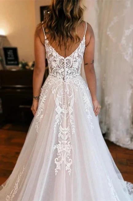 Glamorous Long White A-line Spaghetti Straps Lace Sleeveless Wedding dresses With Slit (ZD16402)