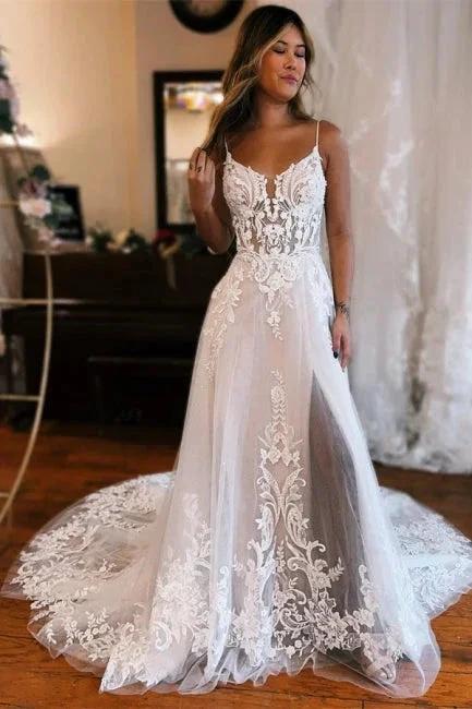 Glamorous Long White A-line Spaghetti Straps Lace Sleeveless Wedding dresses With Slit (ZD16402)