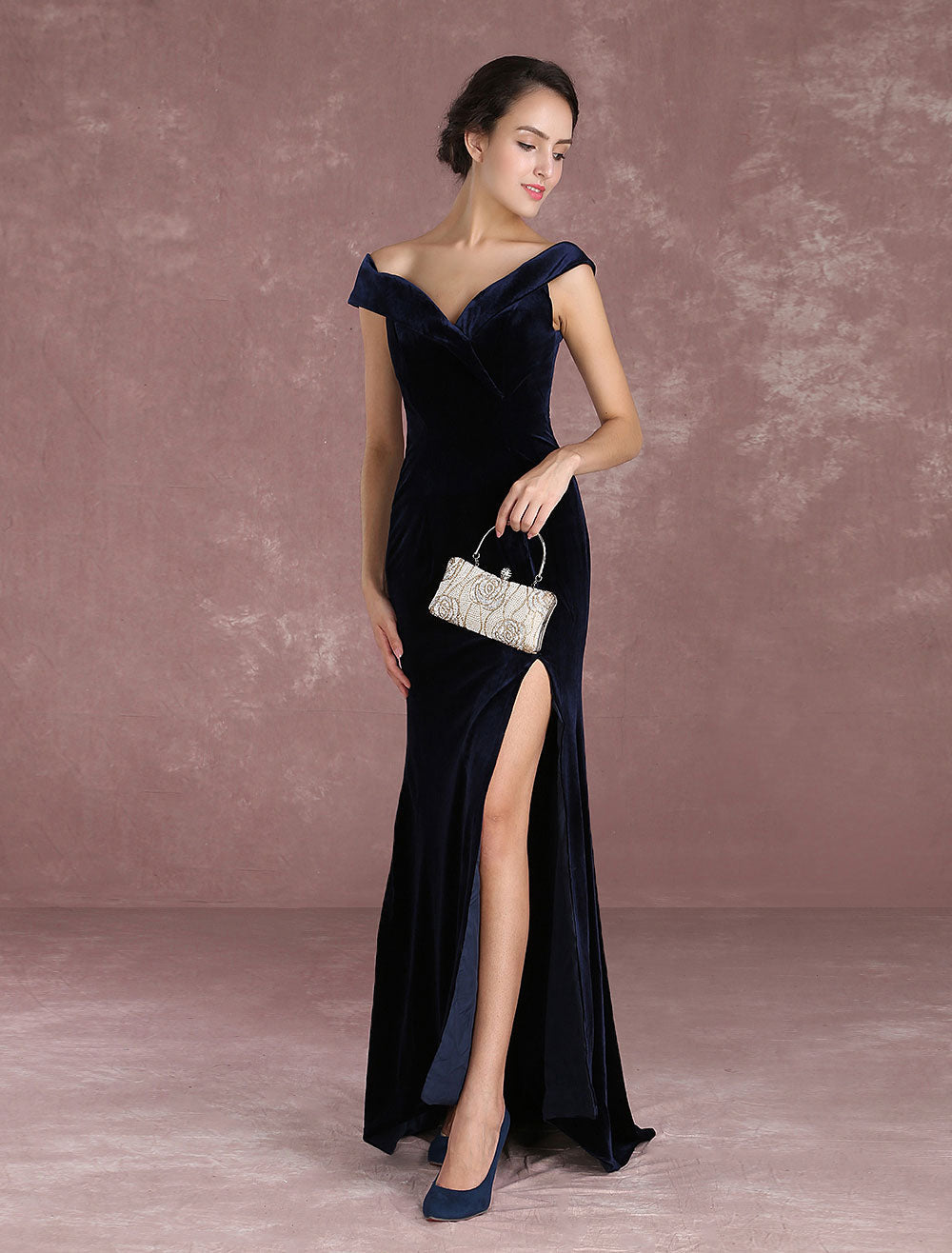 Glamorous Mermaid Celebrity Dresses Velvet Off-the-Shoulder Evening Dress Dark Navy Slit Party Dress With Train Inspired By Taraji P. Henson At Oscar