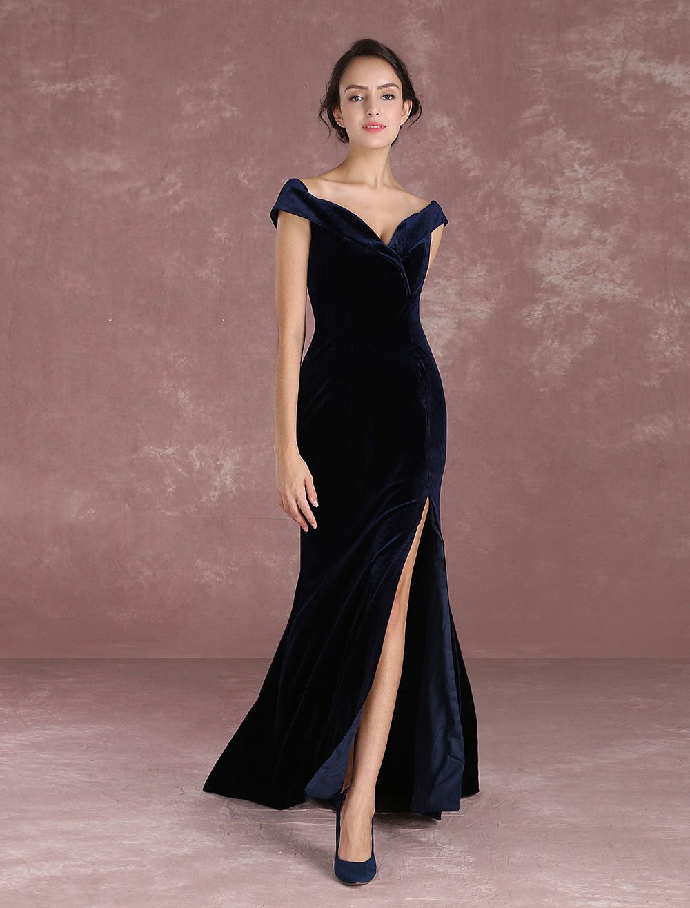 Glamorous Mermaid Celebrity Dresses Velvet Off-the-Shoulder Evening Dress Dark Navy Slit Party Dress With Train Inspired By Taraji P. Henson At Oscar
