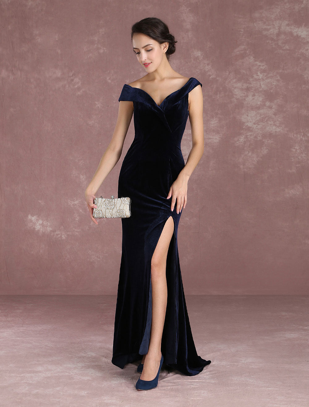 Glamorous Mermaid Celebrity Dresses Velvet Off-the-Shoulder Evening Dress Dark Navy Slit Party Dress With Train Inspired By Taraji P. Henson At Oscar