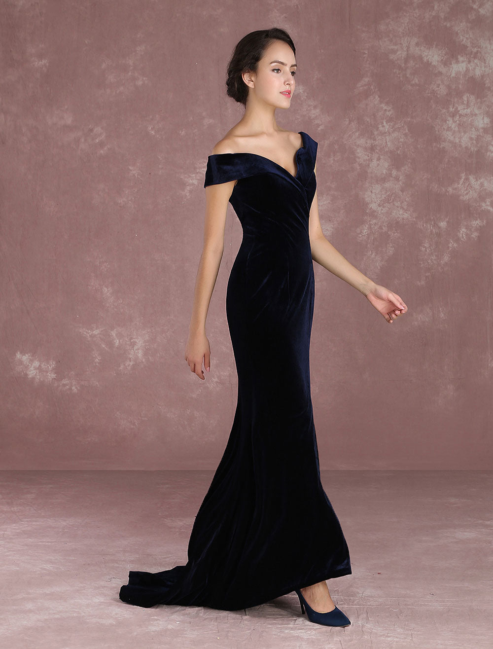 Glamorous Mermaid Celebrity Dresses Velvet Off-the-Shoulder Evening Dress Dark Navy Slit Party Dress With Train Inspired By Taraji P. Henson At Oscar