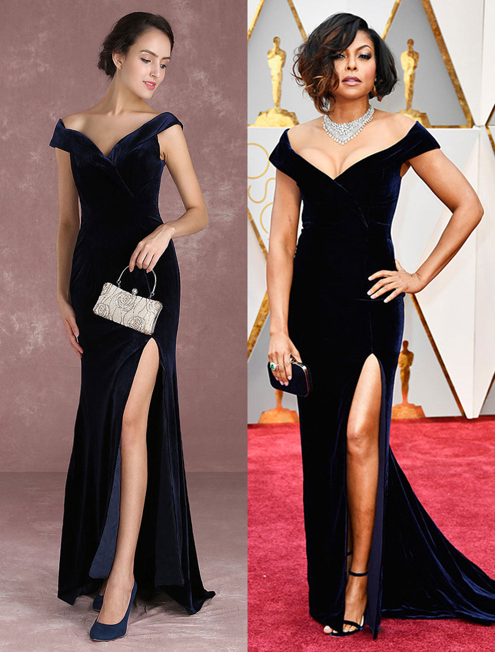 Glamorous Mermaid Celebrity Dresses Velvet Off-the-Shoulder Evening Dress Dark Navy Slit Party Dress With Train Inspired By Taraji P. Henson At Oscar