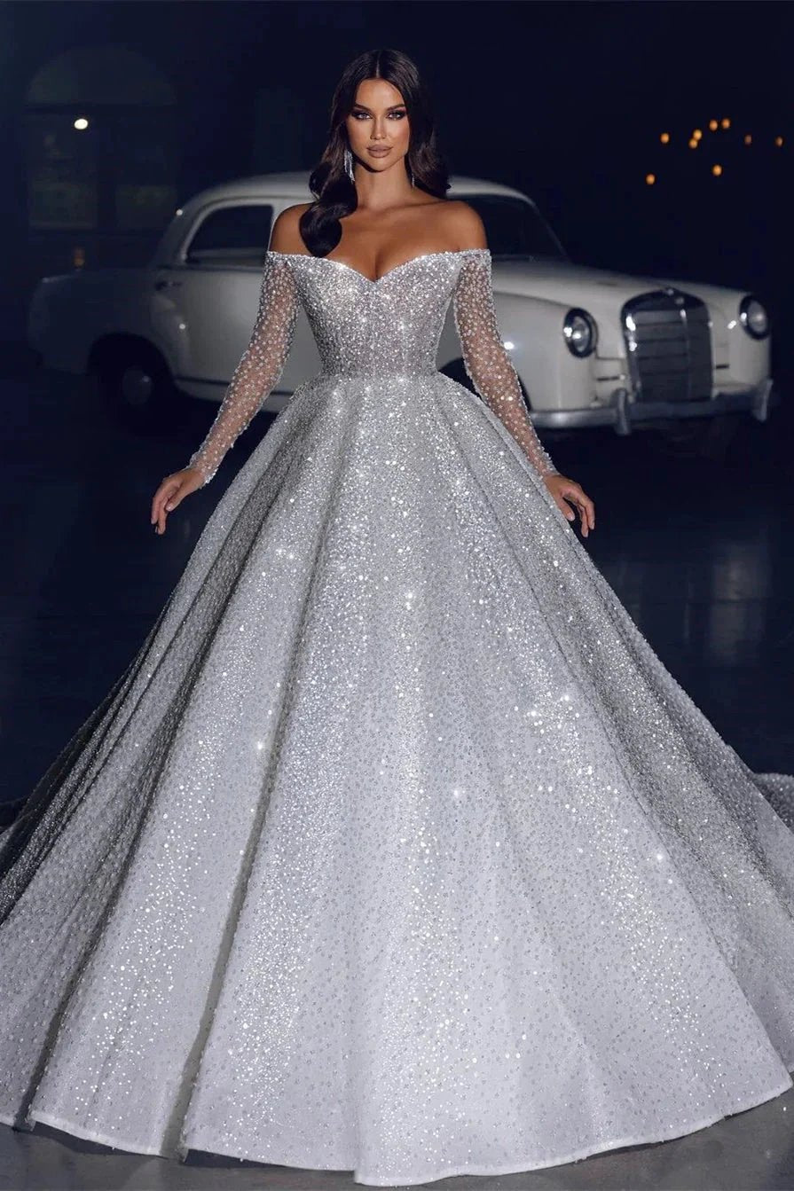 Glamorous Off-the-shoulder A-line Long Sleeves Lace Wedding Dress With Train (ZD14522)