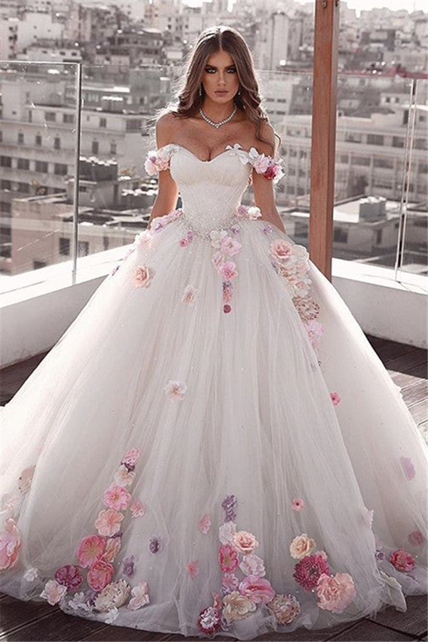 Glamorous Off-the-Shoulder Flower Ball Gown Wedding Dresses