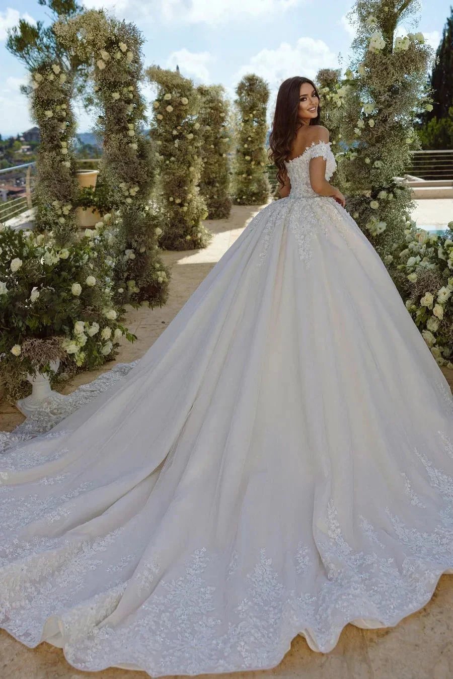 Glamorous Off-the-shoulder V-neck Appliques Lace A-line Wedding Dress (ZD16534)