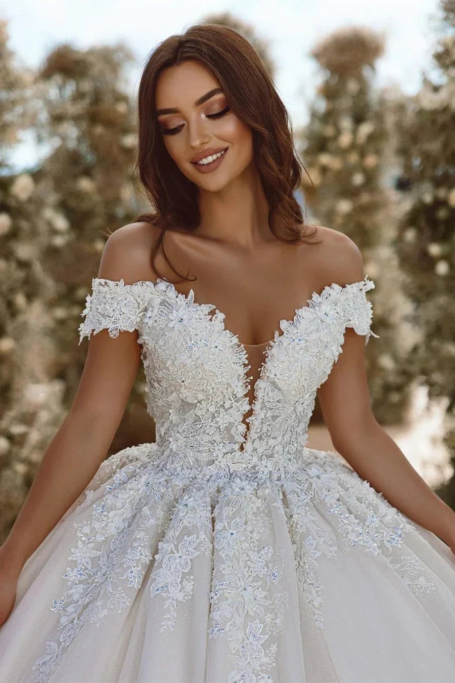 Glamorous Off-the-shoulder V-neck Appliques Lace A-line Wedding Dress (ZD16534)