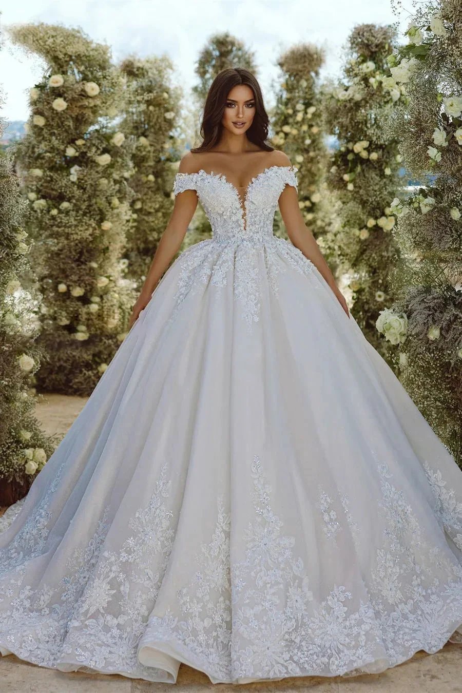 Glamorous Off-the-shoulder V-neck Appliques Lace A-line Wedding Dress (ZD16534)
