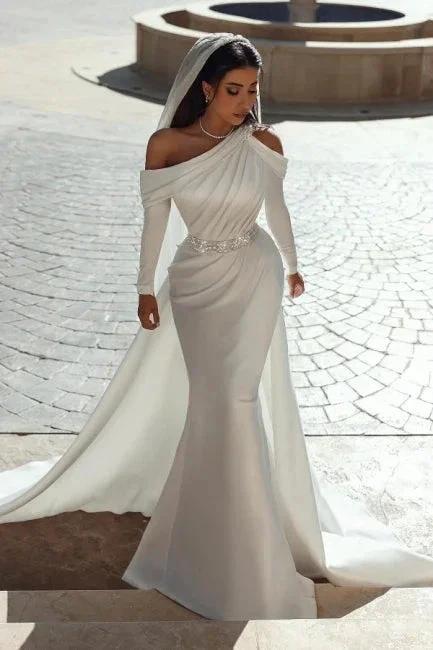 Glamorous one shoulder long sleeves mermaid satin Wedding dress with ruffles (ZD16405)