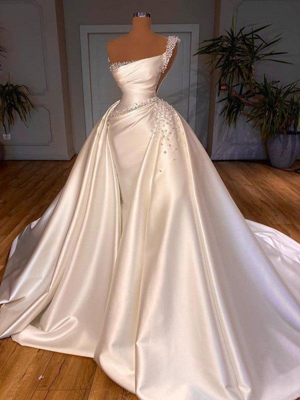 Elegant One-Shoulder Beaded Ruched Satin Long Train Wedding Dress