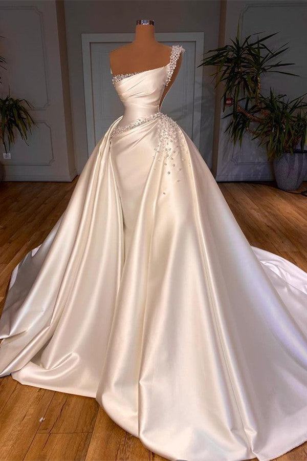 Glamorous One-Shoulder Pearl Wedding Dress Overskirt Bridal Gowns