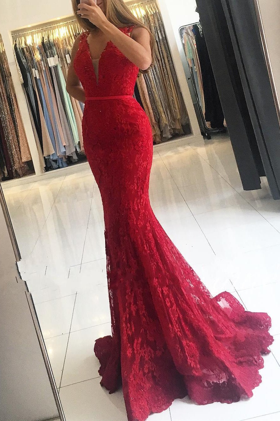 Glamorous Red Wide Strap Lace Evening Dress V-neck Long