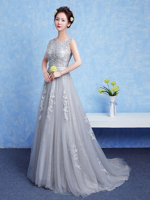 Glamorous Silver evening dress Tulle Backless Party Dress Lace Applique A-Line Occasion Dress With Train