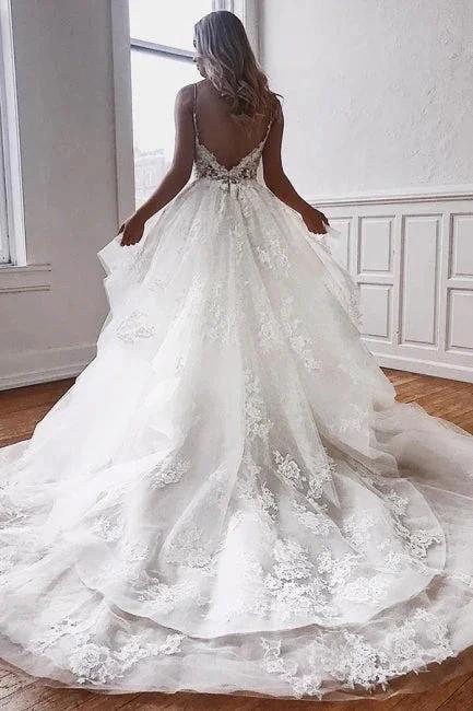 Glamorous Spaghetti-Straps Lace Appliques Tulle A-Line Wedding Dresses (ZD16427)