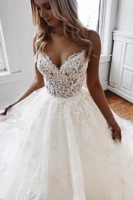 Glamorous Spaghetti-Straps Lace Appliques Tulle A-Line Wedding Dresses (ZD16427)
