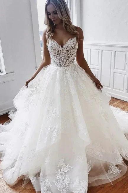 Glamorous Spaghetti-Straps Lace Appliques Tulle A-Line Wedding Dresses by misshow.com