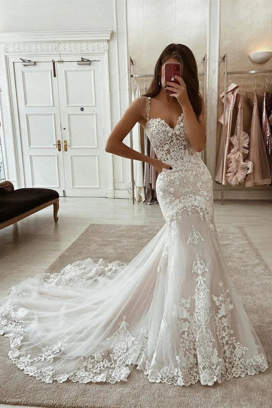 Glamorous Spaghetti Straps Mermaid Sleeveless Wedding Dress With Lace (ZD14512)